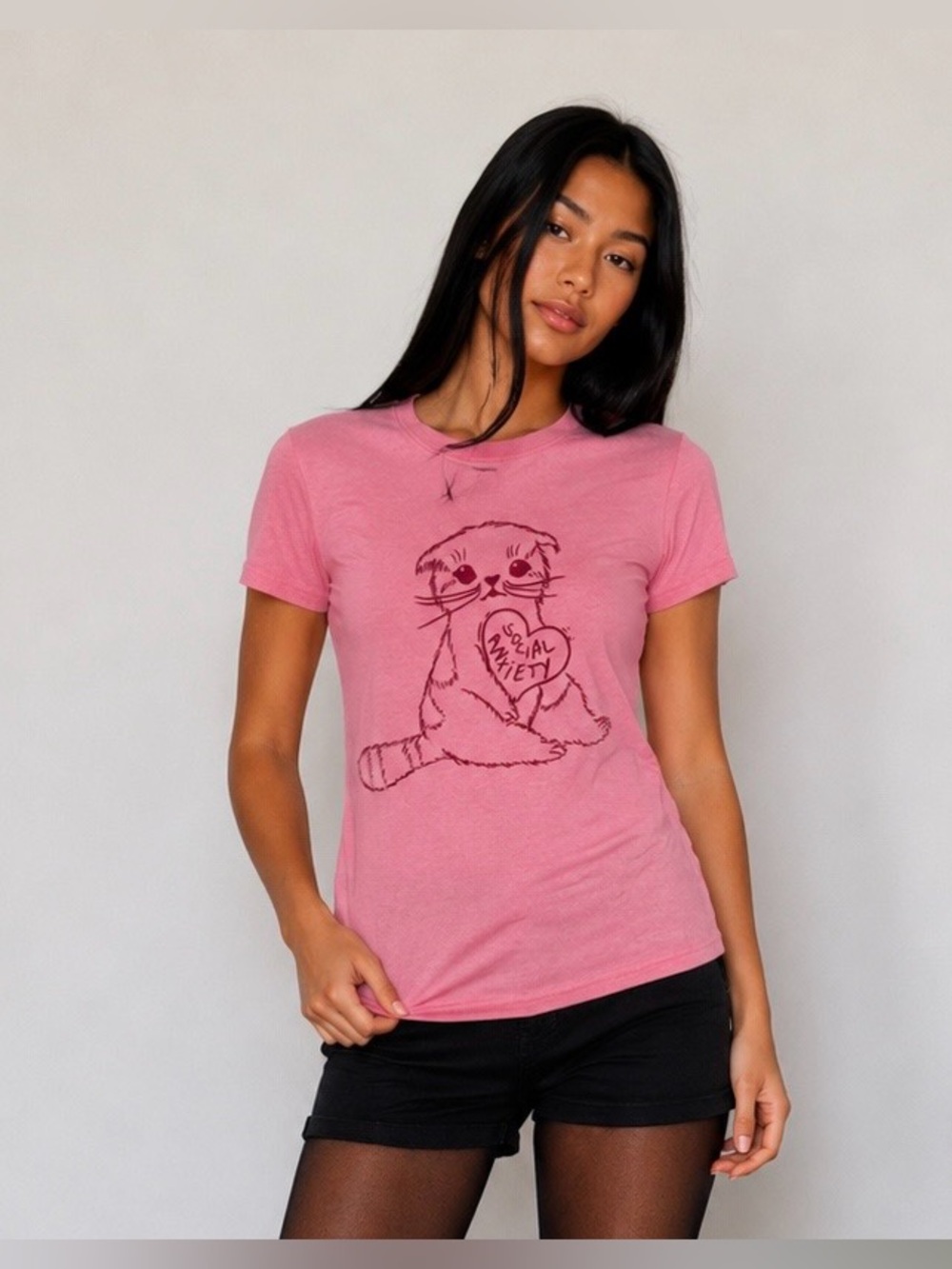 Baisco Brands Pink Social Anxiety Cat Graphic Tee Women’s Size S Funny Shirt